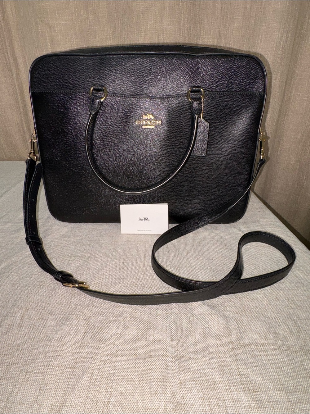 Coach F39022 Black Crossgrain Leather Laptop Bag Briefcase Crossbody Slim Tote